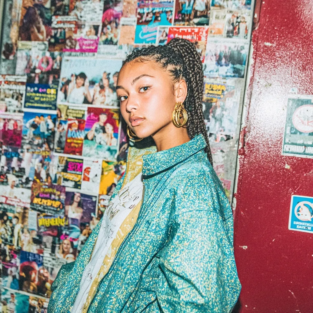 Young woman with braided hair and large hoop earrings wearing a blue patterned jacket stands in front of a collage of colorful posters and flyers.