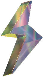 Iridiscent 3D lightning bolt with colorful reflective surfaces.