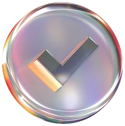 Metallic round button with a check mark symbol in the center and iridescent colors.