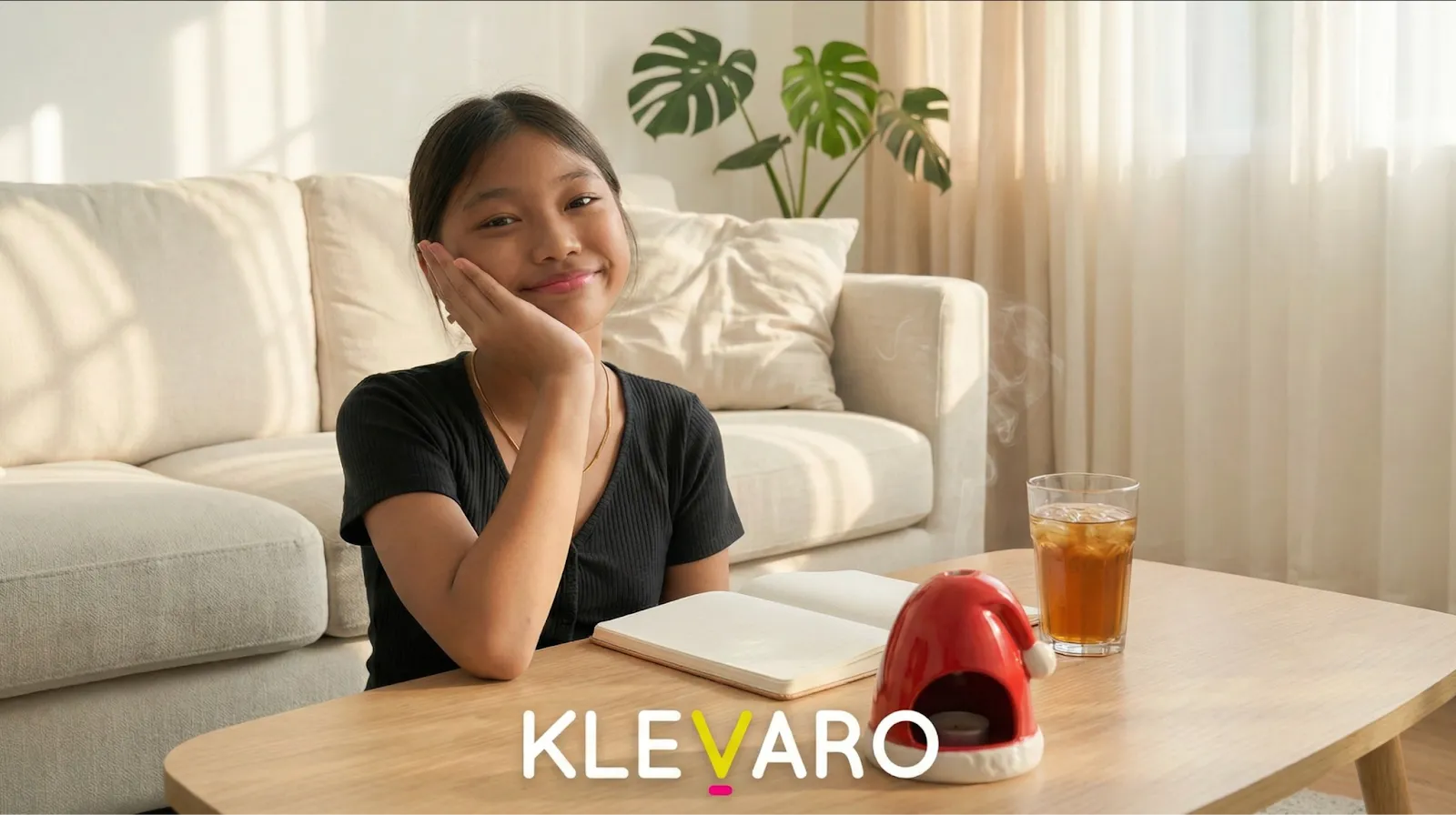 Smiling girl sitting at a wooden table with a notebook, a steaming glass of tea, and a red Santa hat-shaped candle holder.