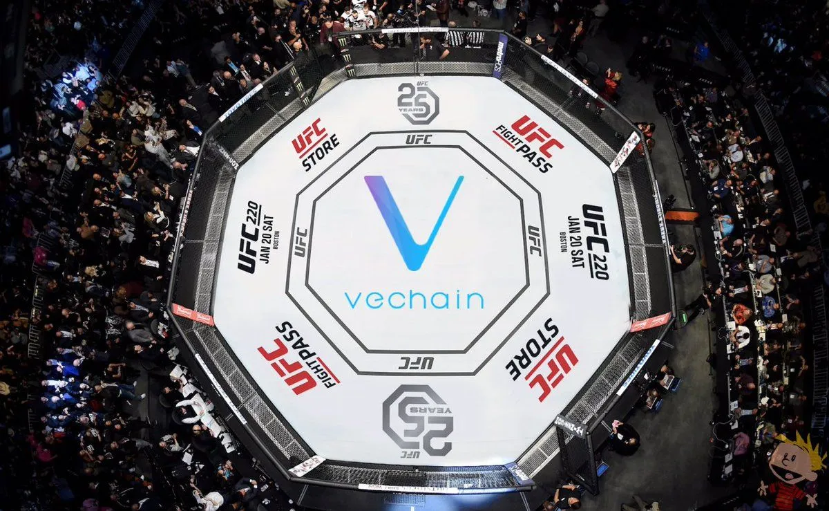 Top-down view of an octagonal UFC fighting ring with the VeChain logo and UFC 25 Years branding on the mat, surrounded by a crowd.