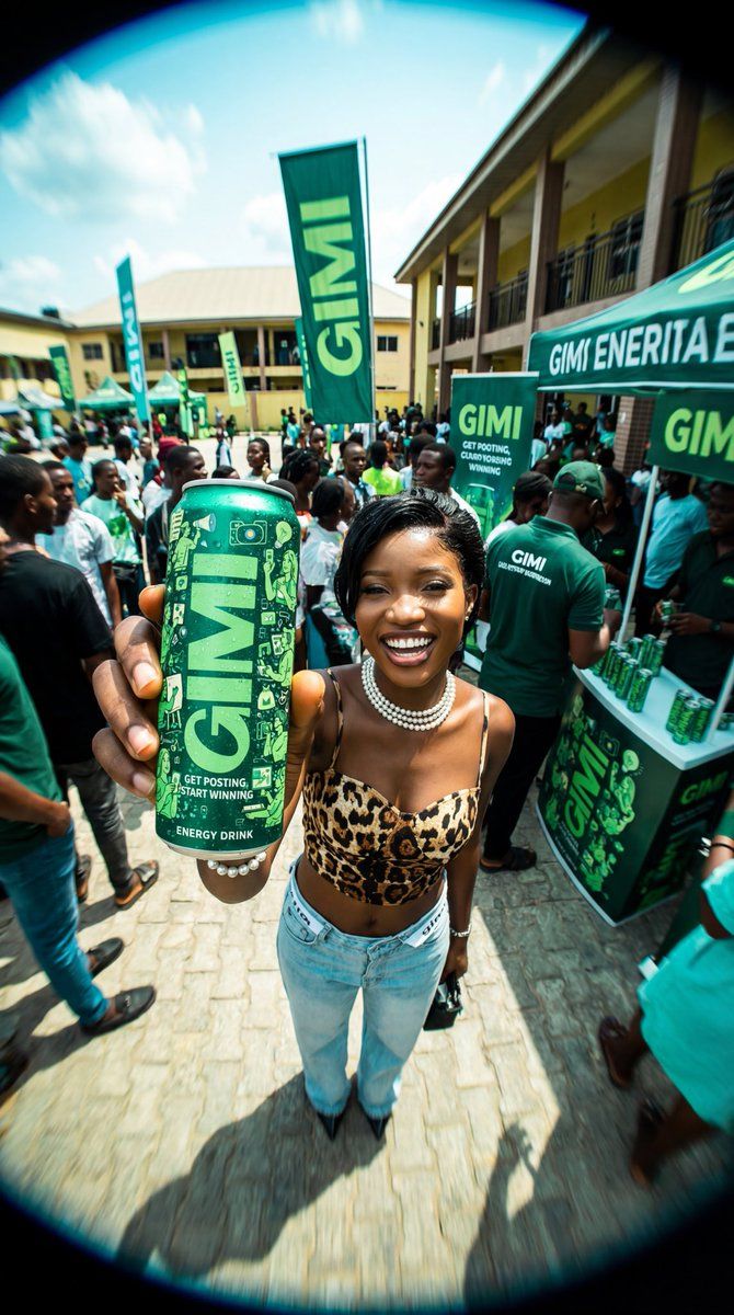 Smiling young woman holding a green GIMI energy drink can at an outdoor event with many people and GIMI branded banners and booths.