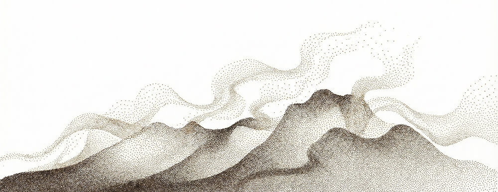 Ilustración en puntos de un paisaje montañoso con humo saliendo de las cumbres.