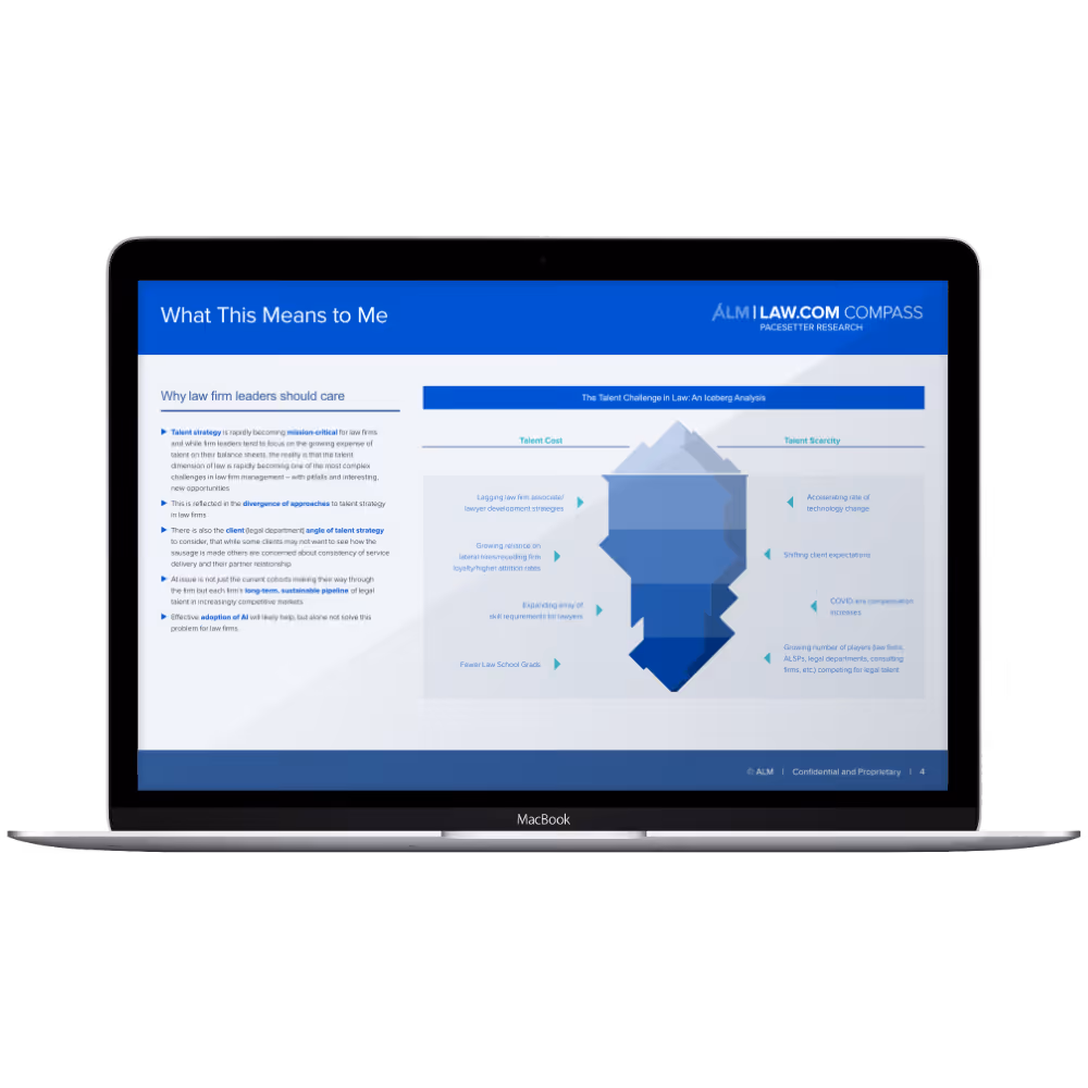 A laptop mock up of a report in Law.com Compass