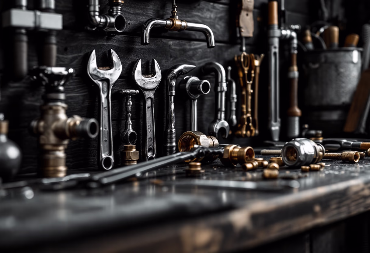 image of tools organized on a workbench (for a plumbing service)