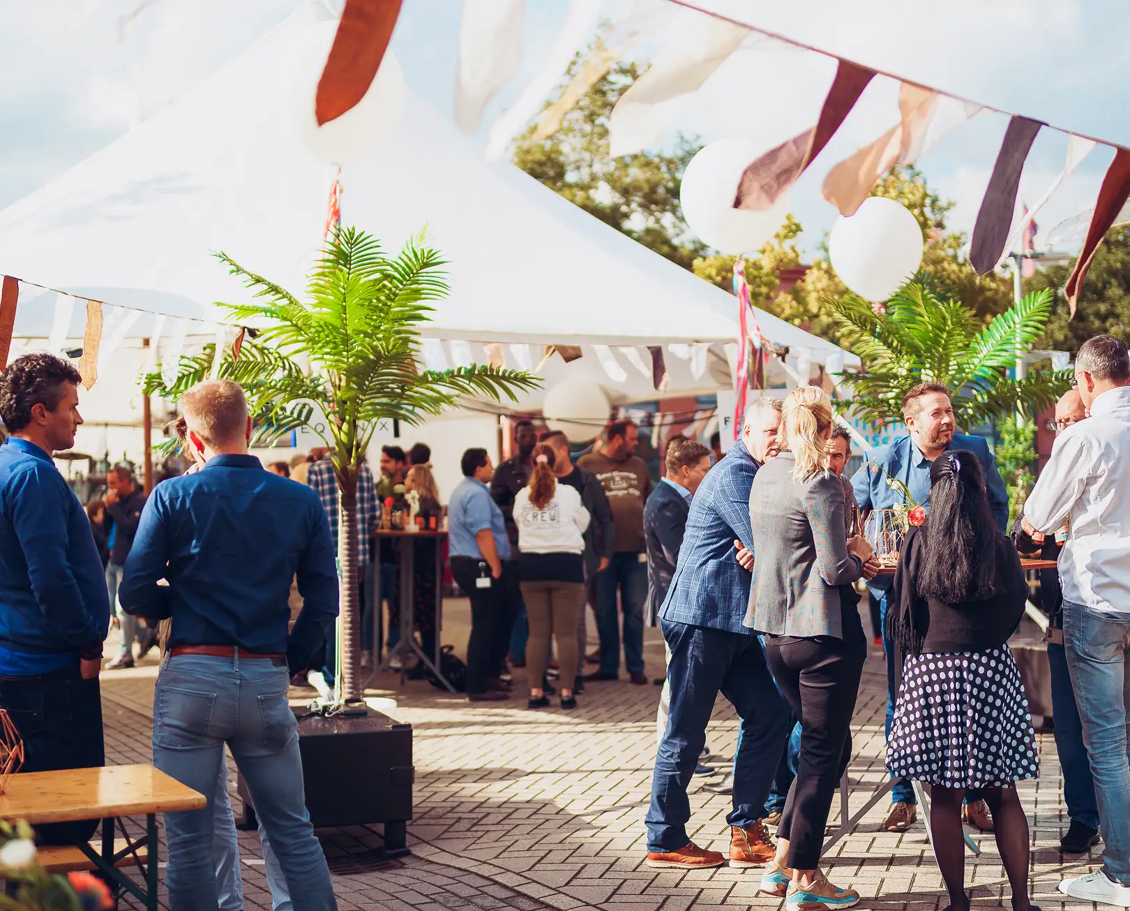 Mensen die in de buitenlucht bij een feesttent staan, omringd door planten en slingers onder een heldere lucht.