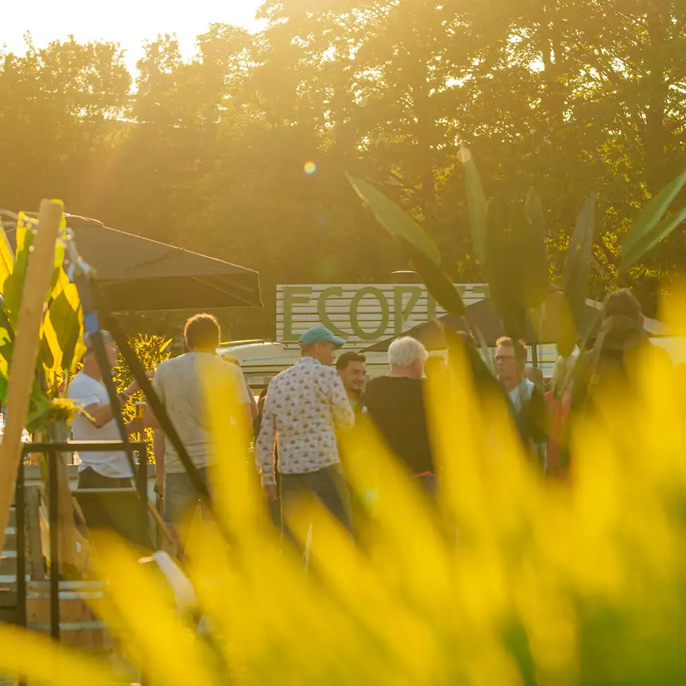 Een groep mensen staat buiten bij zonsondergang, omringd door planten en een bord met de tekst 'ECO'.
