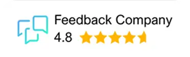 Feedback Company beoordeling van 4.8 uit 5 sterren met een blauw en groen spraakballon pictogram.