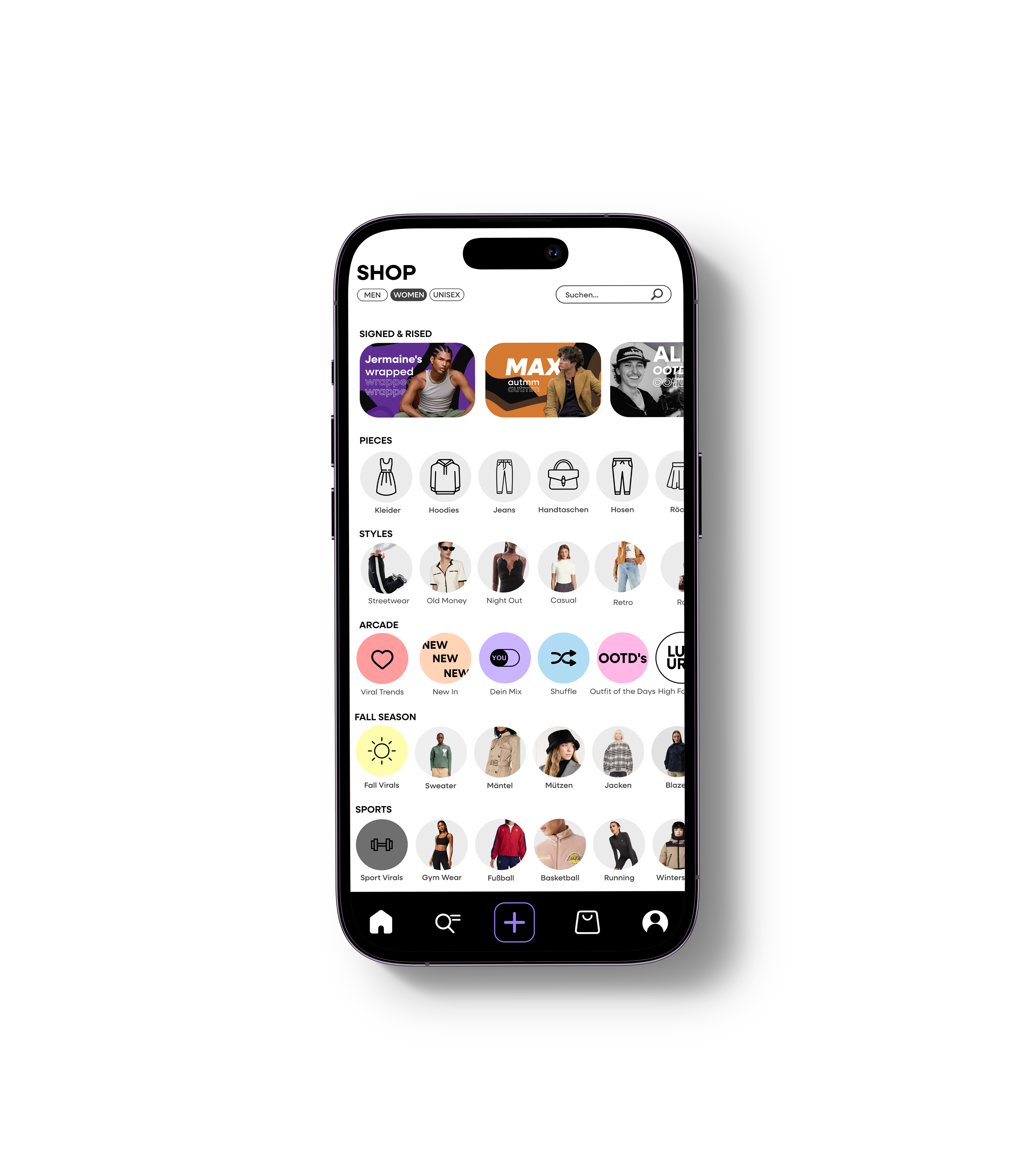 Smartphone displaying a shopping app with categories like Signed & Rised, Pieces, Styles, Arcade, Fall Season, and Sports, and navigation icons at the bottom.
