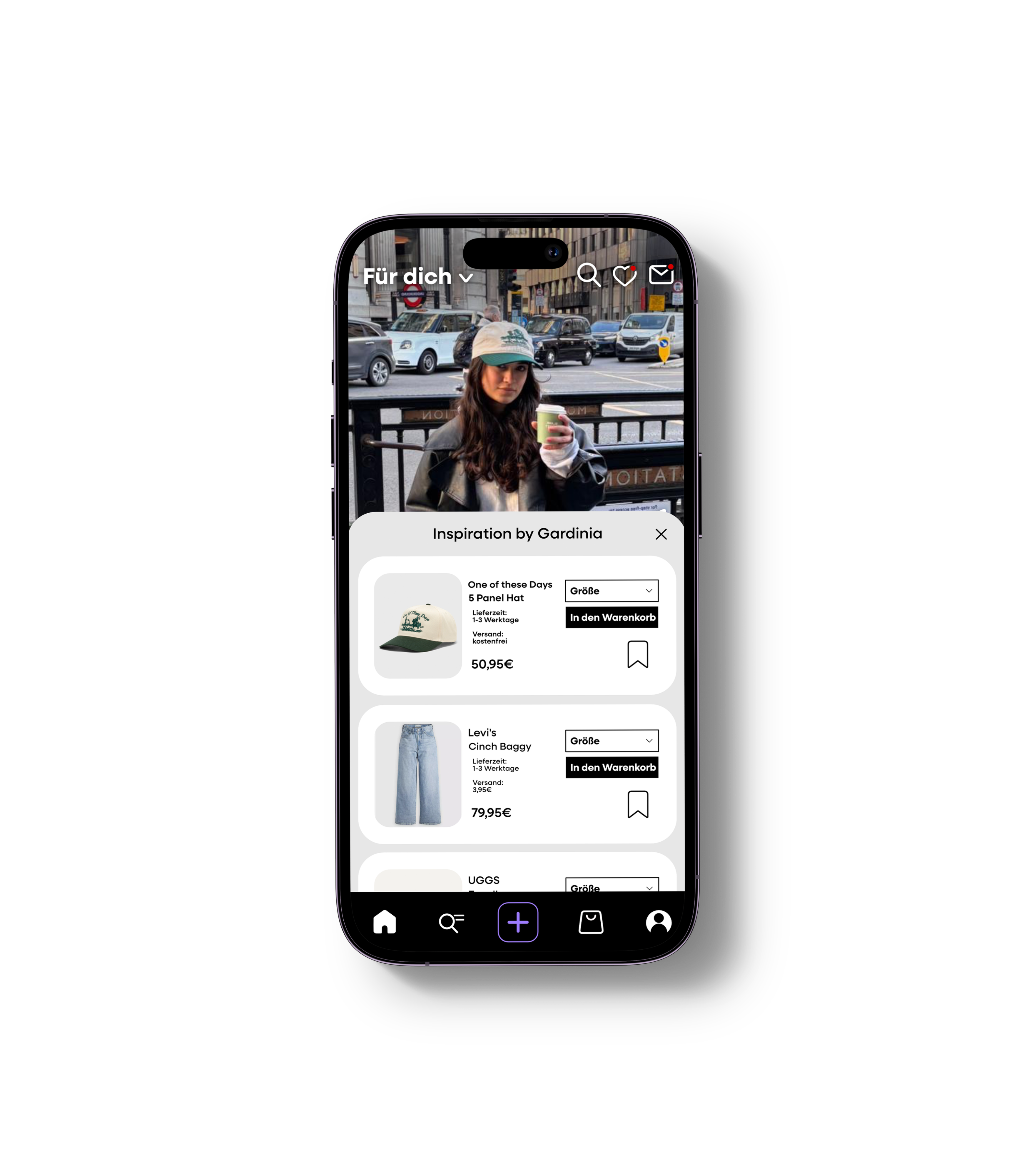 Mobile phone screen showing a shopping app with a photo of a woman wearing a beige and green cap, holding a cup, and product listings for a 5 panel hat and Levi's baggy jeans with prices in euros.