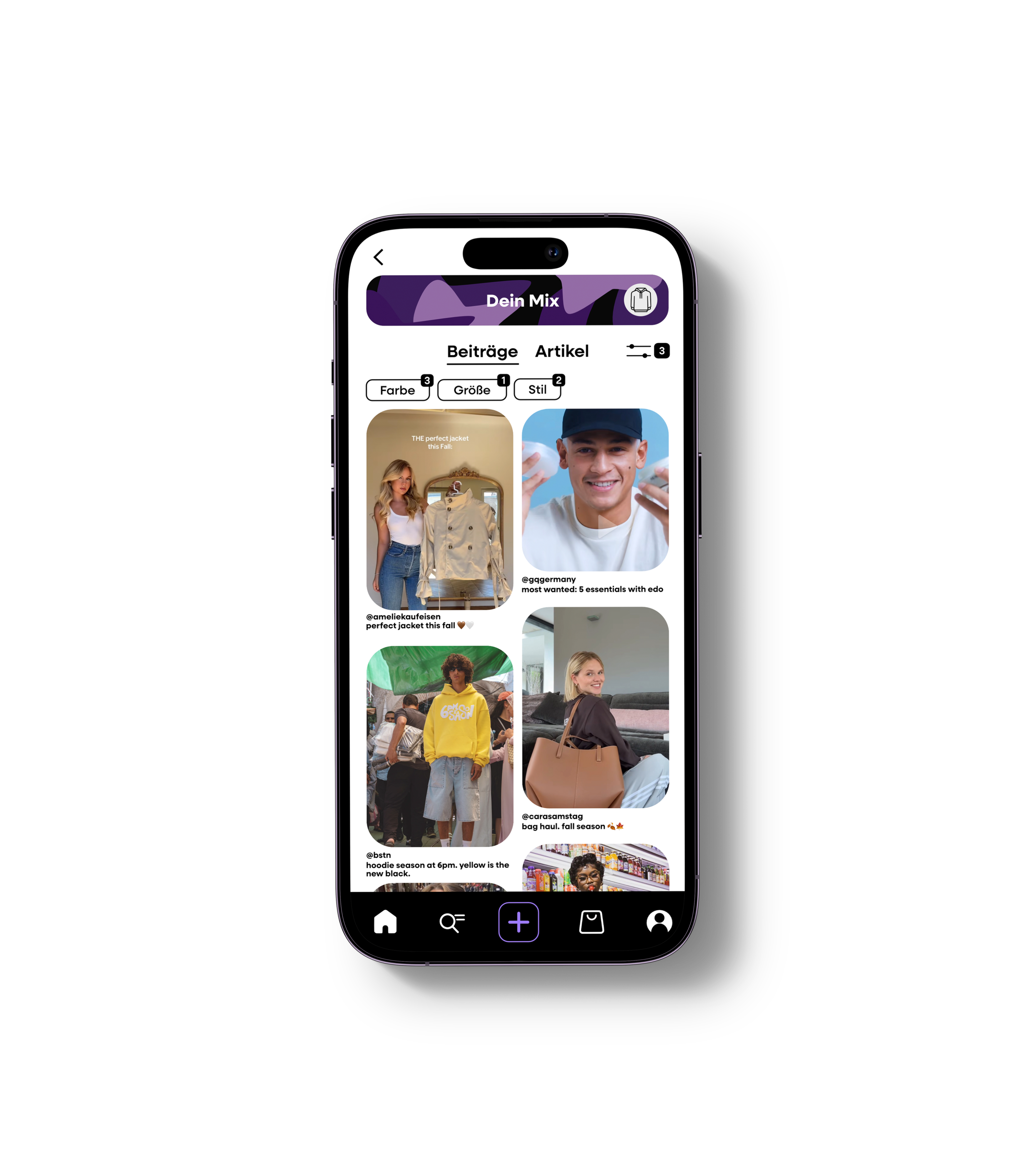 Smartphone screen showing a fashion app feed with posts featuring outfits and accessories, filter buttons for color, size, style, and navigation icons at the bottom.