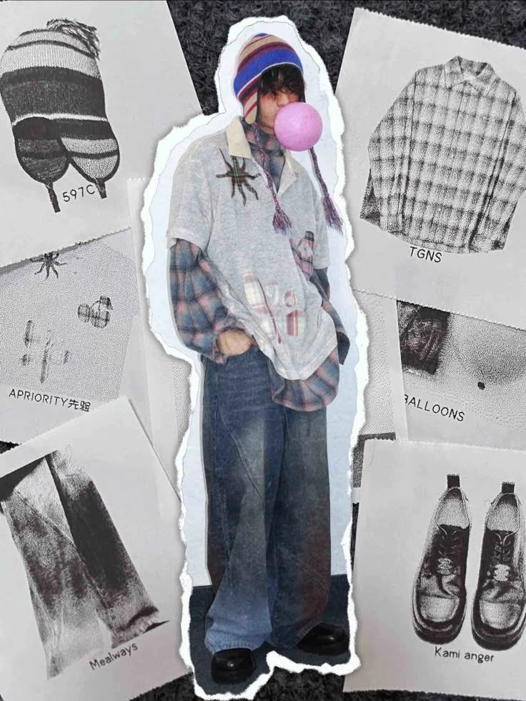 Person wearing a striped winter hat, plaid shirt under a light gray short-sleeve shirt with patches, baggy jeans, and black shoes, blowing a pink bubblegum bubble, surrounded by torn paper images of clothing items and shoes.