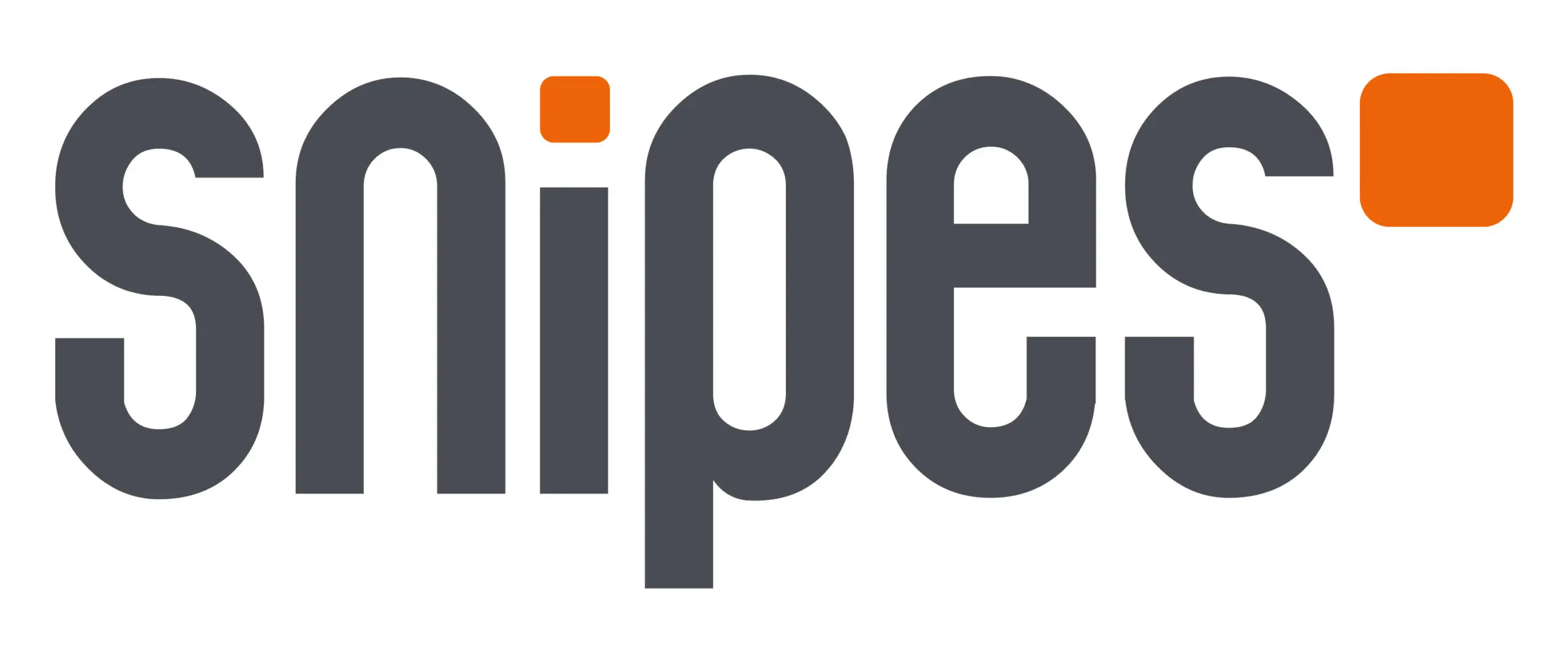 SNIPES logo with dark gray bold letters and two small orange squares above the letters 'i' and 's'.