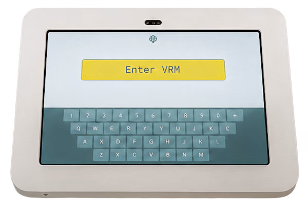 Tablet screen displaying a virtual keyboard and a yellow text box labeled 'Enter VRM'.