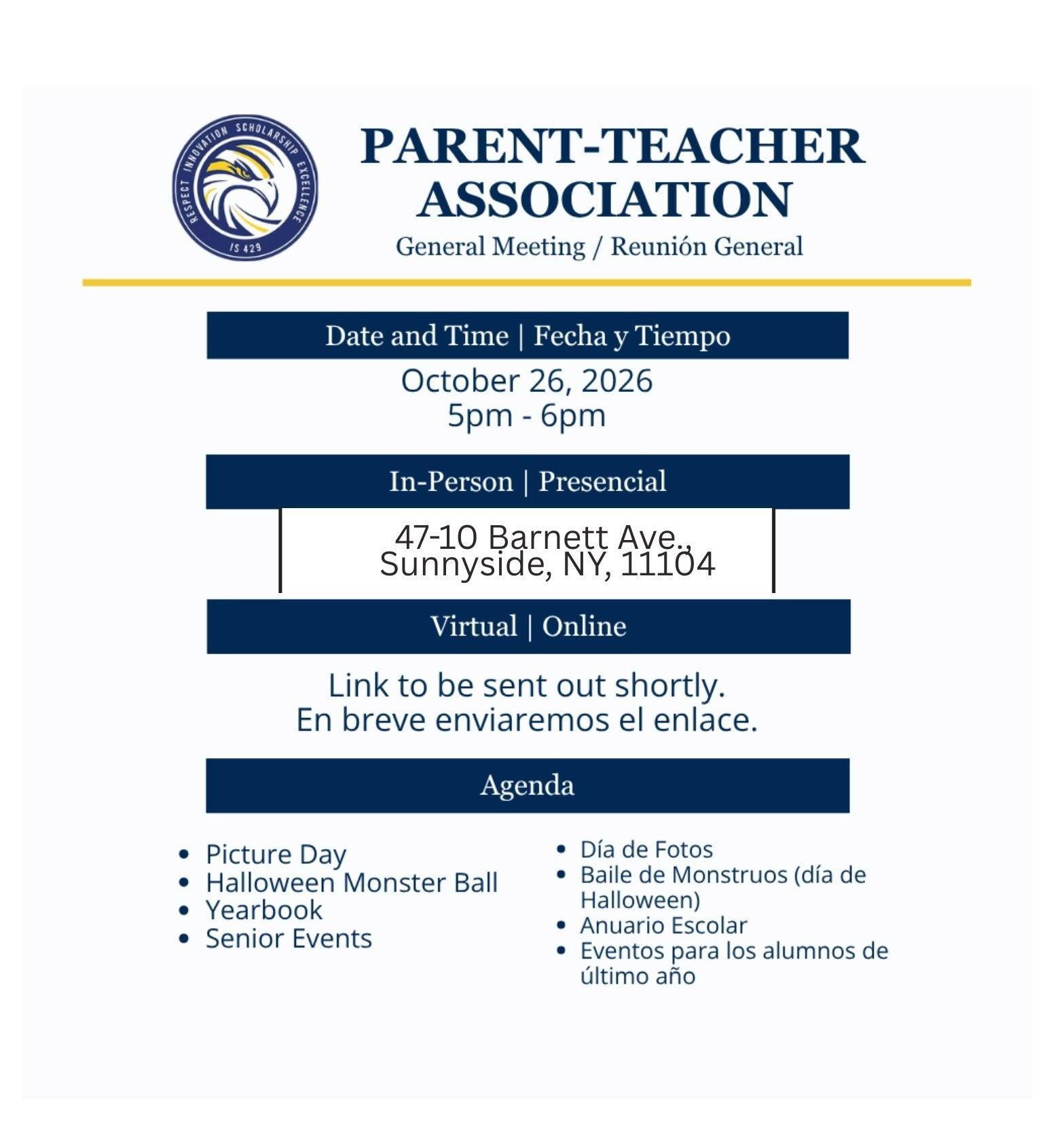 IS 429Q PTA General Meeting flyer: October 26, 2026, 5 to 6 PM, in person at 38-04 48th St, Sunnyside, NY 11104, with virtual link to follow. Agenda: Picture Day, Halloween Monster Ball, Yearbook, Senior Events (English and Spanish).