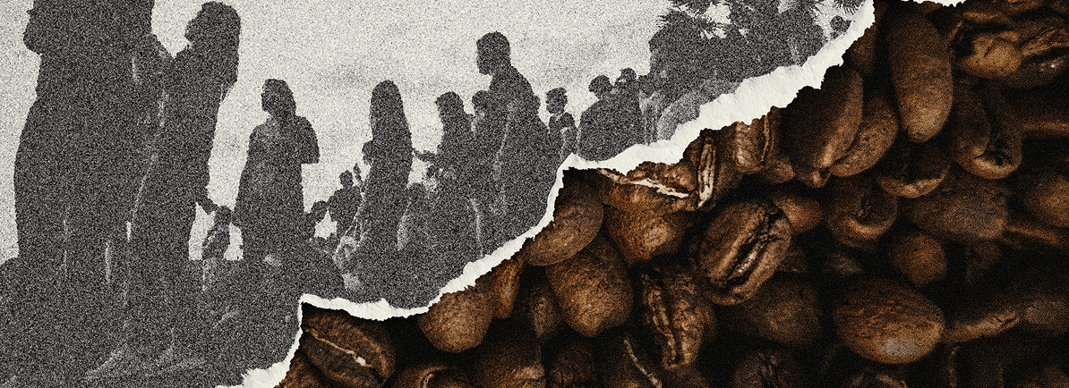 Split image of a crowd of people and coffee beans
