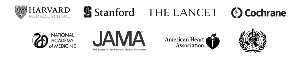 Logos de diferentes publicações científicas e instituições como Harvard, Stanfors, The Lancet, Cochrane, Jama, AMA, OMS