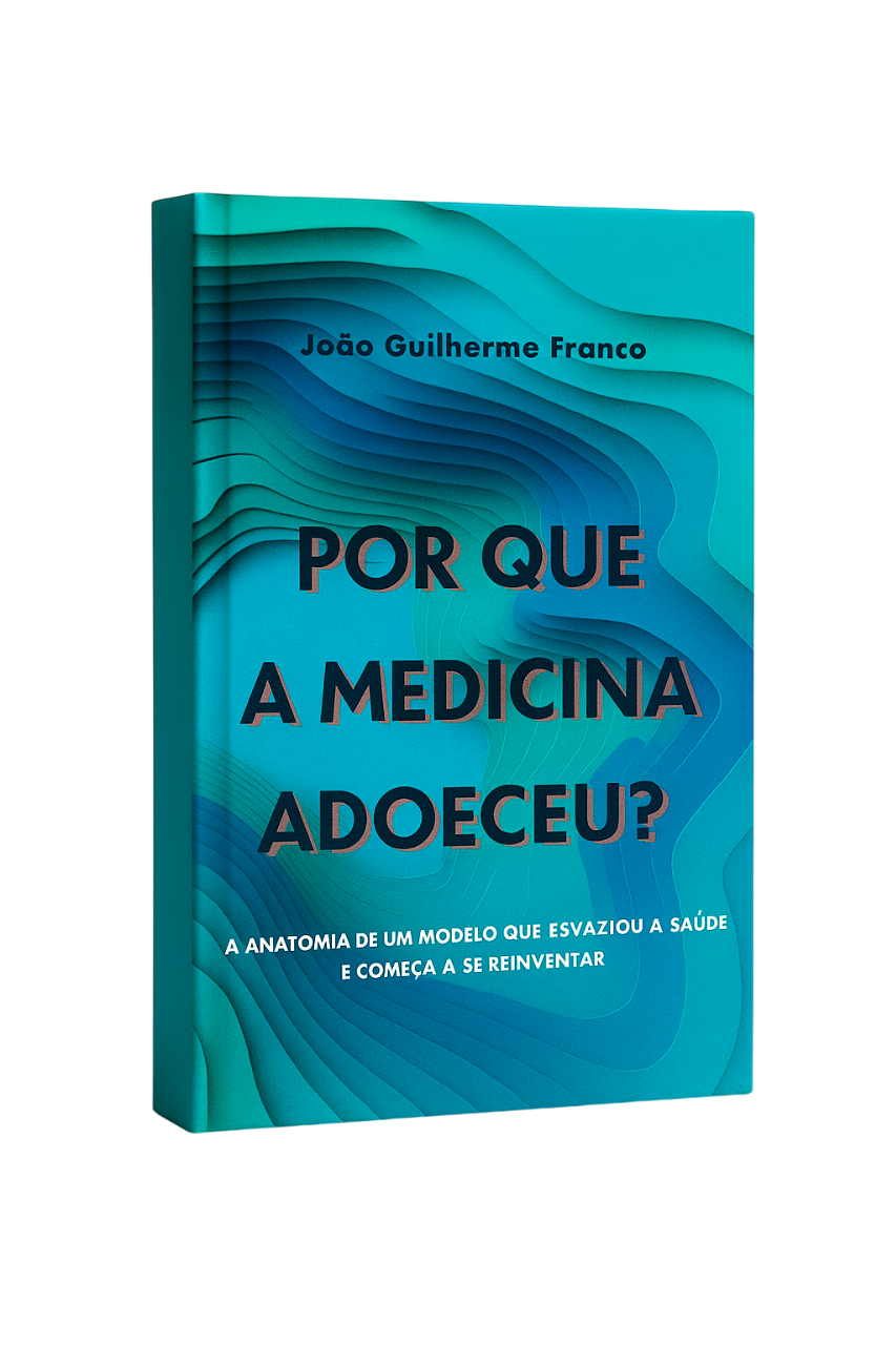 Capa do livro "Por que a Medicina Adoeceu?" sobre uma estante num consultório