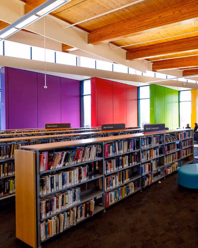 Rows of bookshelves at the library