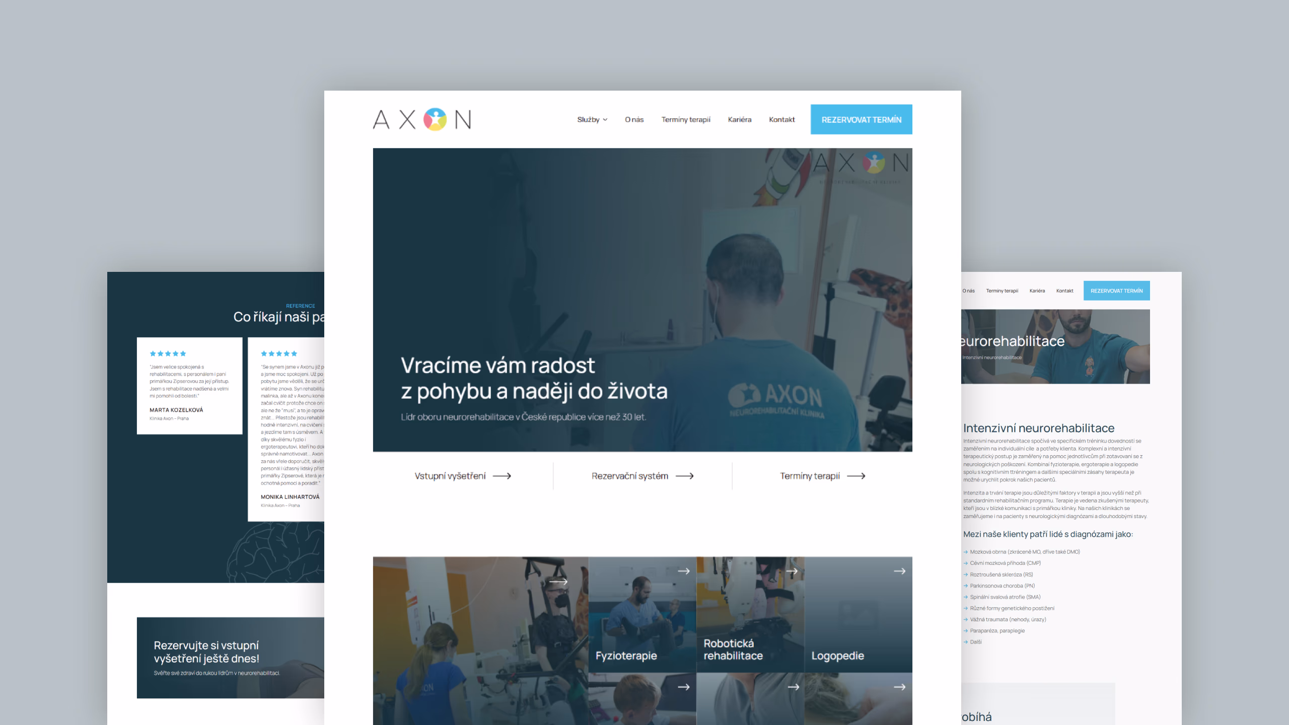 Homepage of Axon neurorehabilitation clinic website showing a man in a blue shirt with the clinic logo and navigation menus including services, therapy schedules, career, and contact.