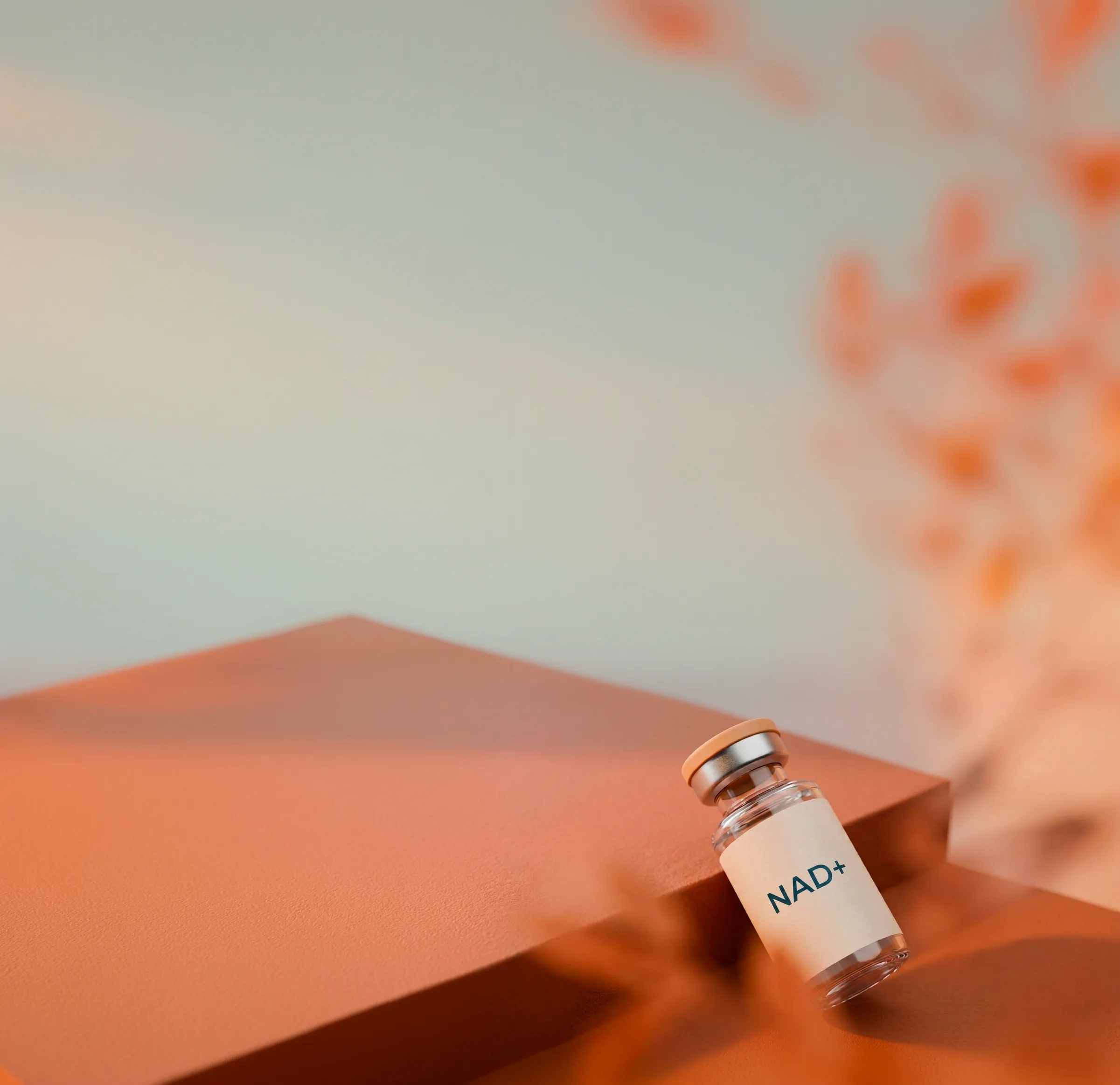 A small clear glass vial labeled NAD+ with a beige cap resting against a terracotta-colored geometric block with blurred orange foliage in the foreground.