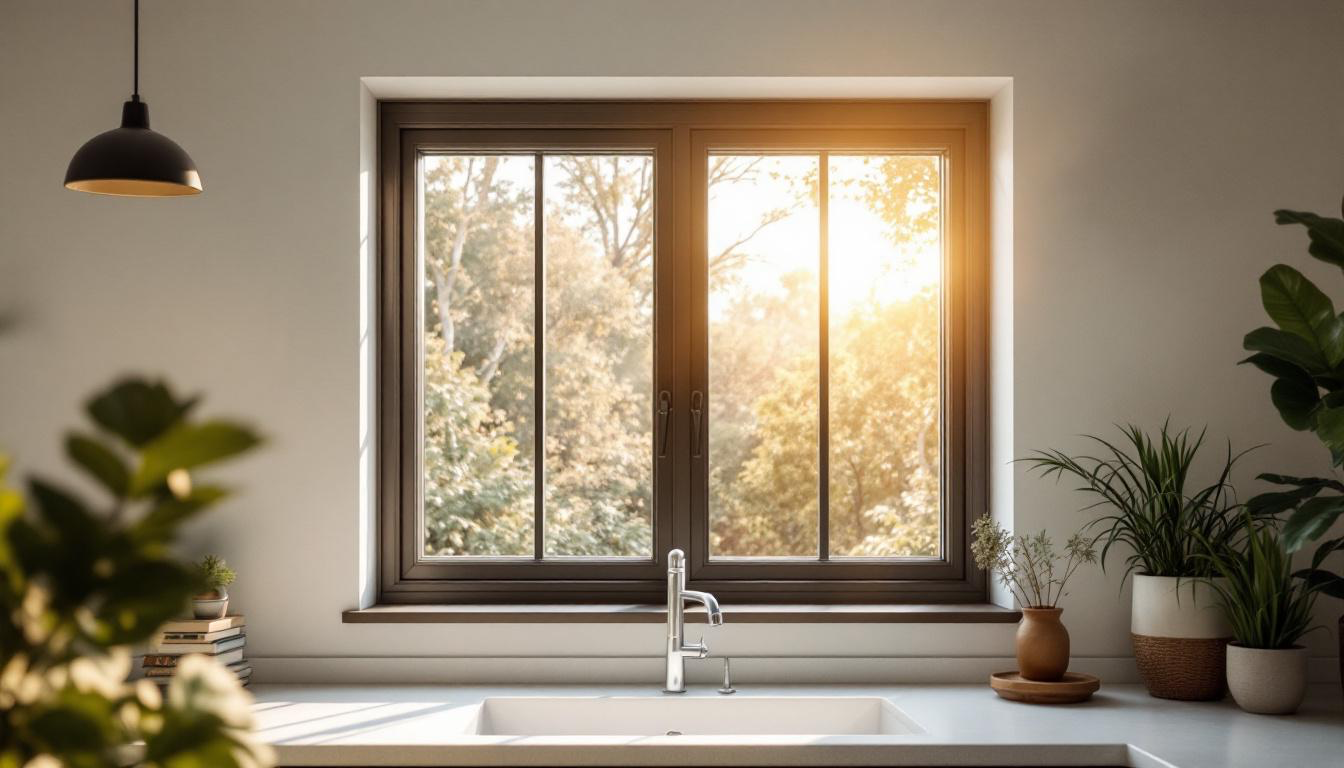 Modern kitchen sink in front of a large double-pane window with black frames, overlooking a sunlit garden with trees in the background.