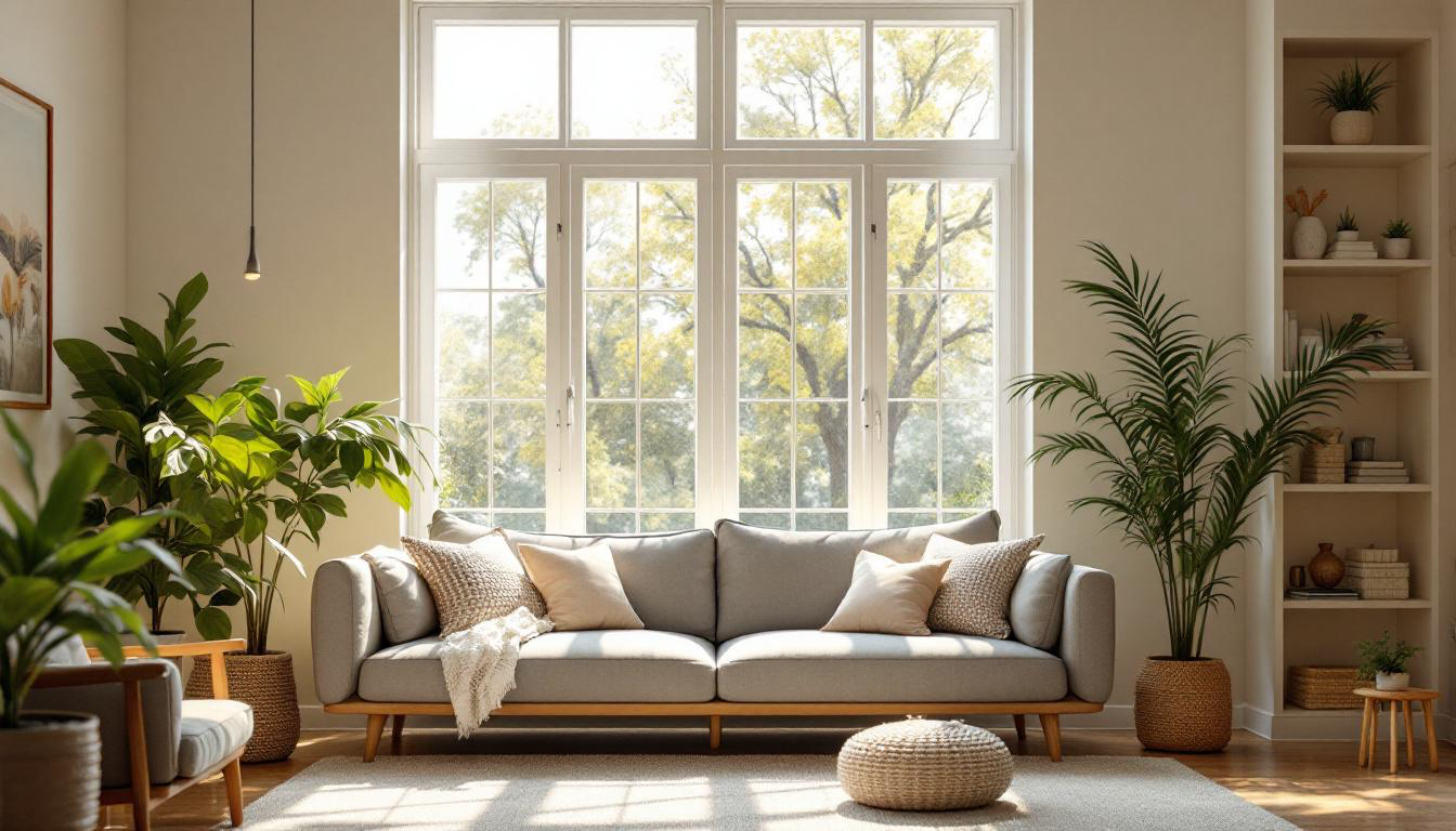 A bright, cozy living room with a modern gray sofa in front of large grid-style windows, surrounded by indoor plants and natural light streaming in.