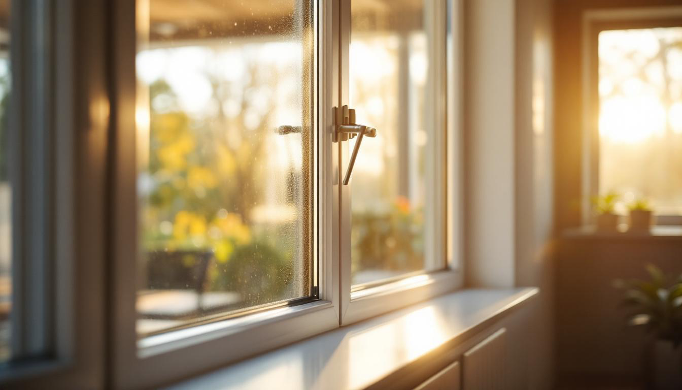 A close-up view of a slightly open modern window with a handle, letting in warm sunlight and revealing a blurred garden scene outside.