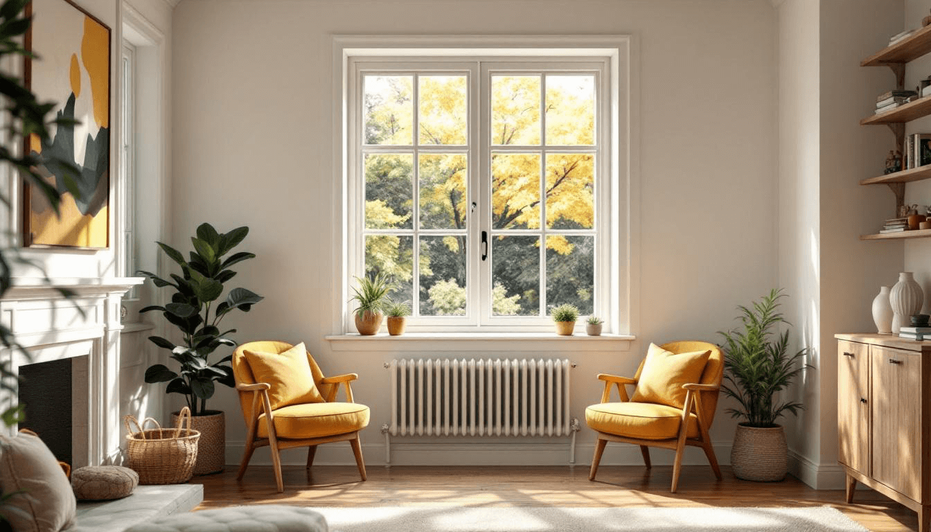 Bright living room with large window, yellow chairs, and indoor plants