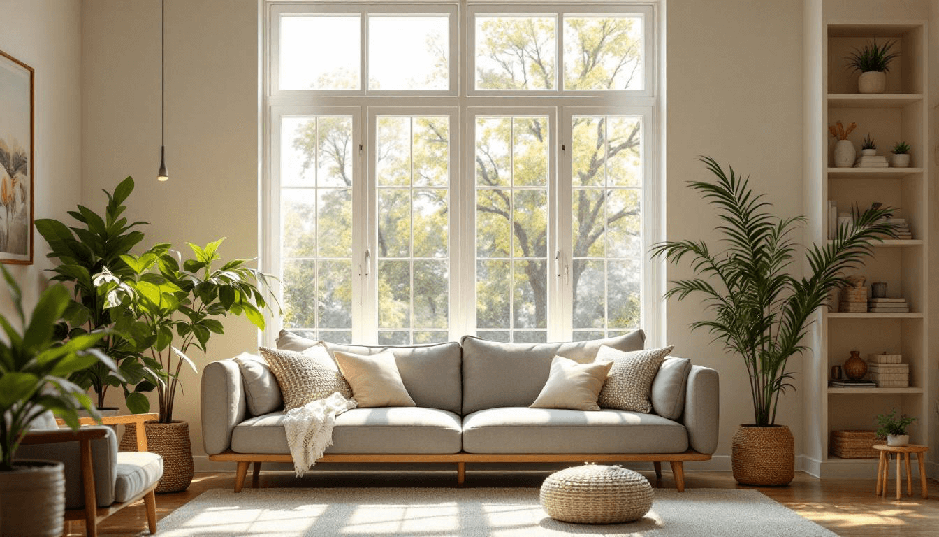  A bright, cozy living room with a modern gray sofa in front of large grid-style windows, surrounded by indoor plants and natural light streaming in.
