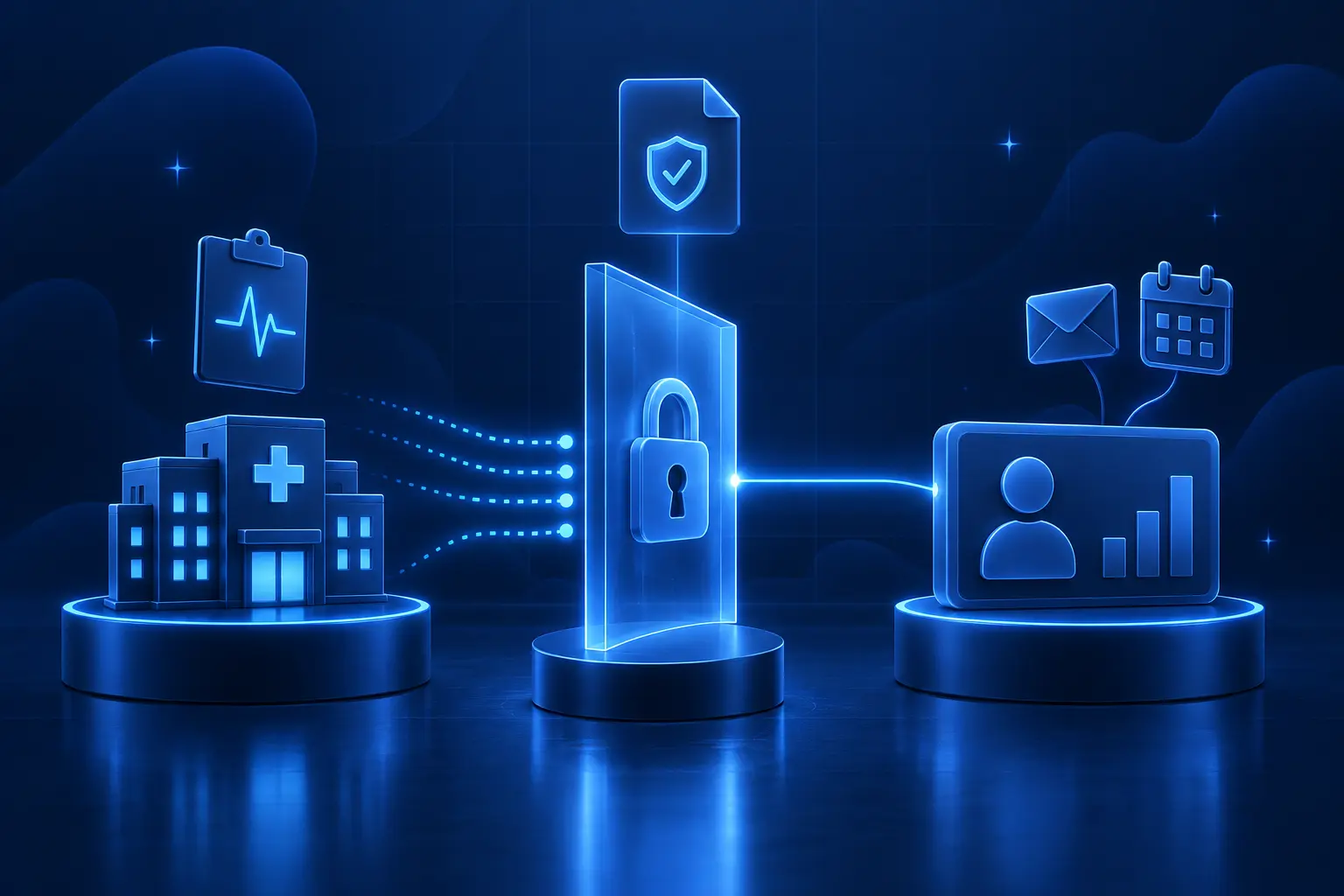 Glass wall separating a hospital's clinical data from a CRM contact card, illustrating HIPAA boundaries in HubSpot