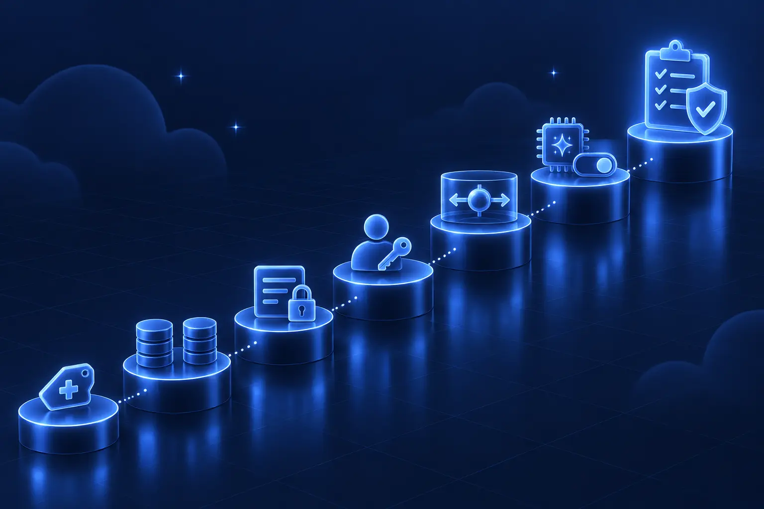 Seven glowing steps leading up to a shield checklist, illustrating the order for setting up HubSpot for HIPAA compliance.