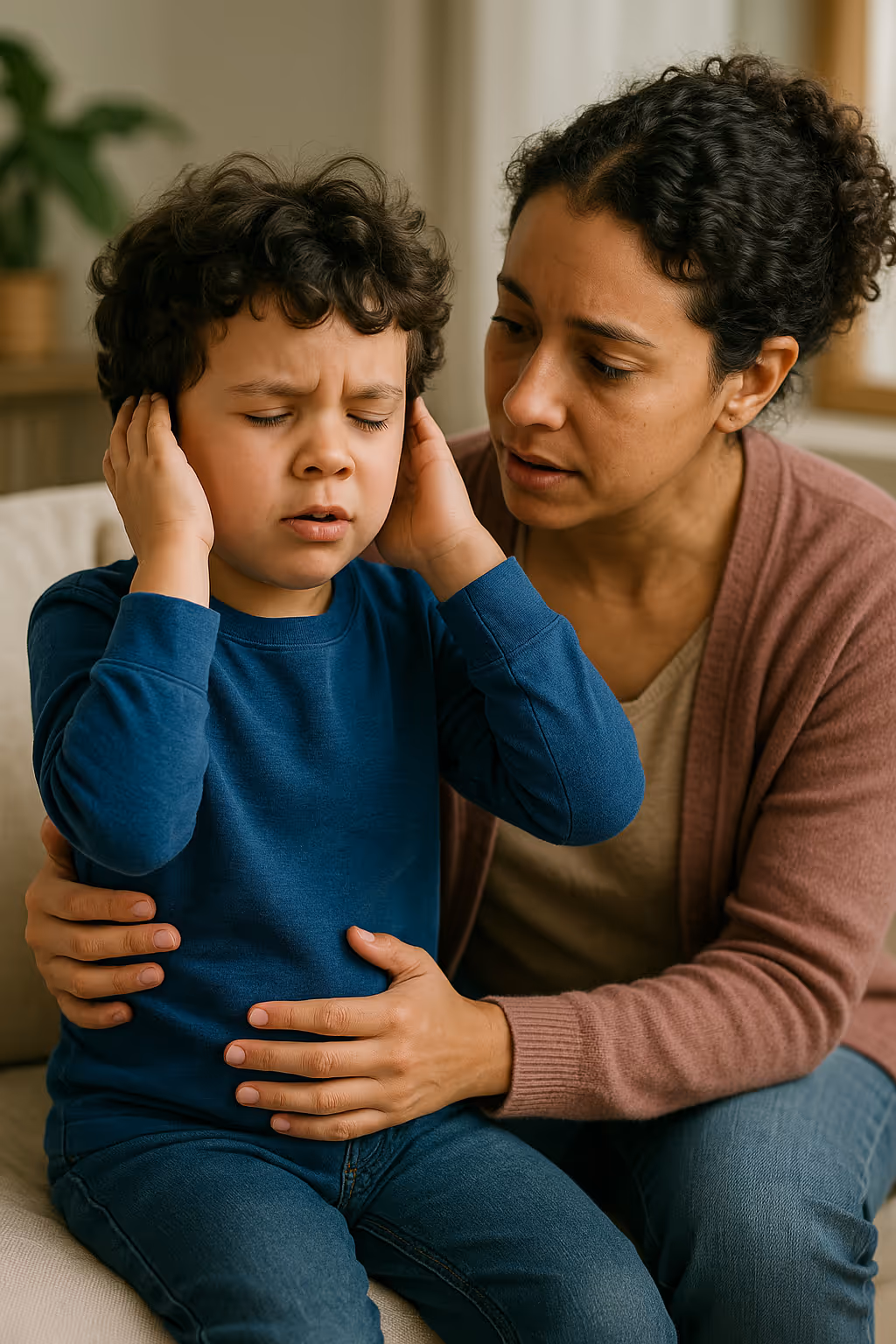 Little girl reading a large illustrated book in a dimly lit room, with warm light and holiday decorations behind her.
