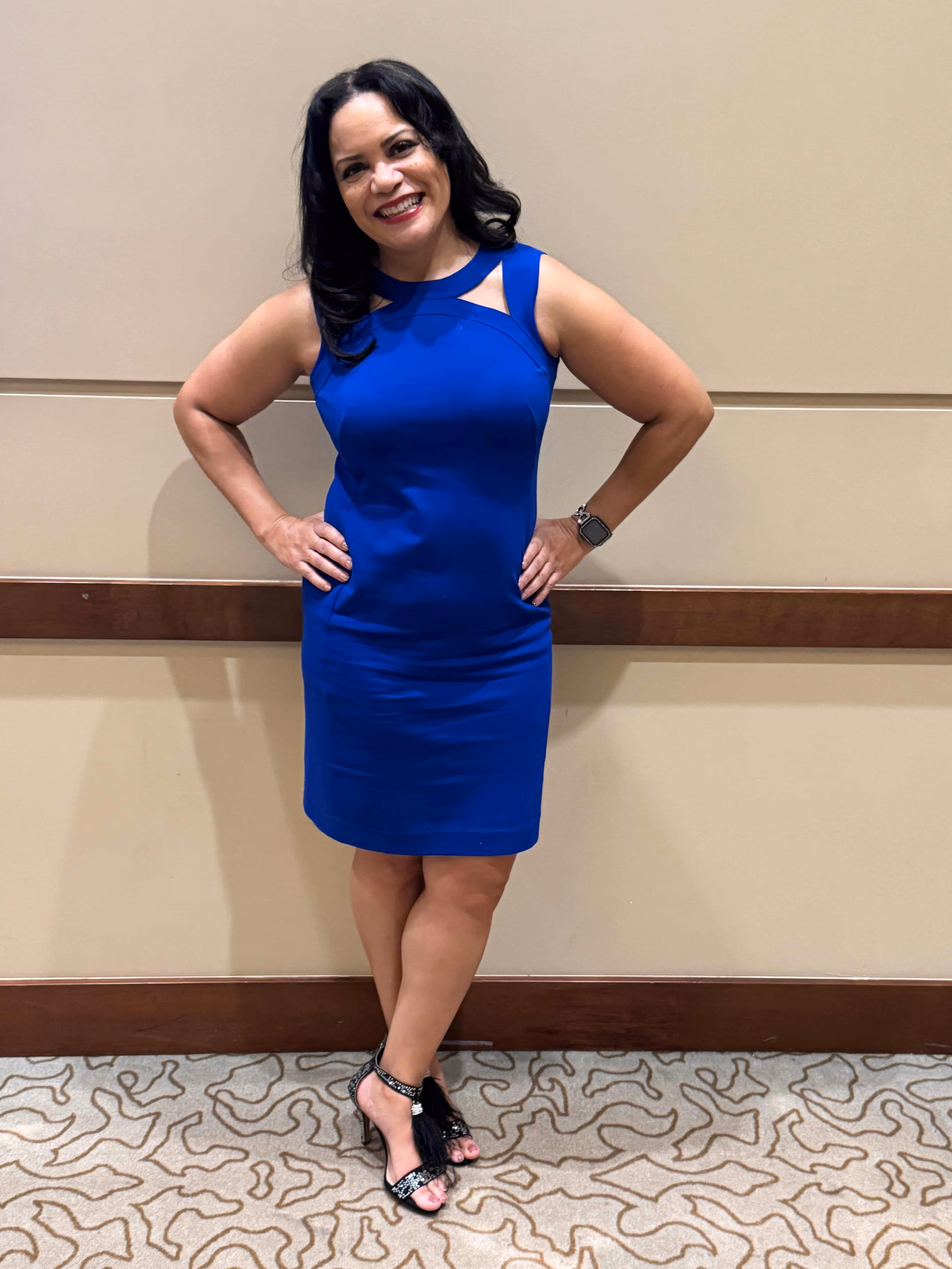 Collage showing Ayanna Selvey: 1) Working professionally (top panel), and 2) Enjoying a healthy, active lifestyle outdoors (bottom two panels)