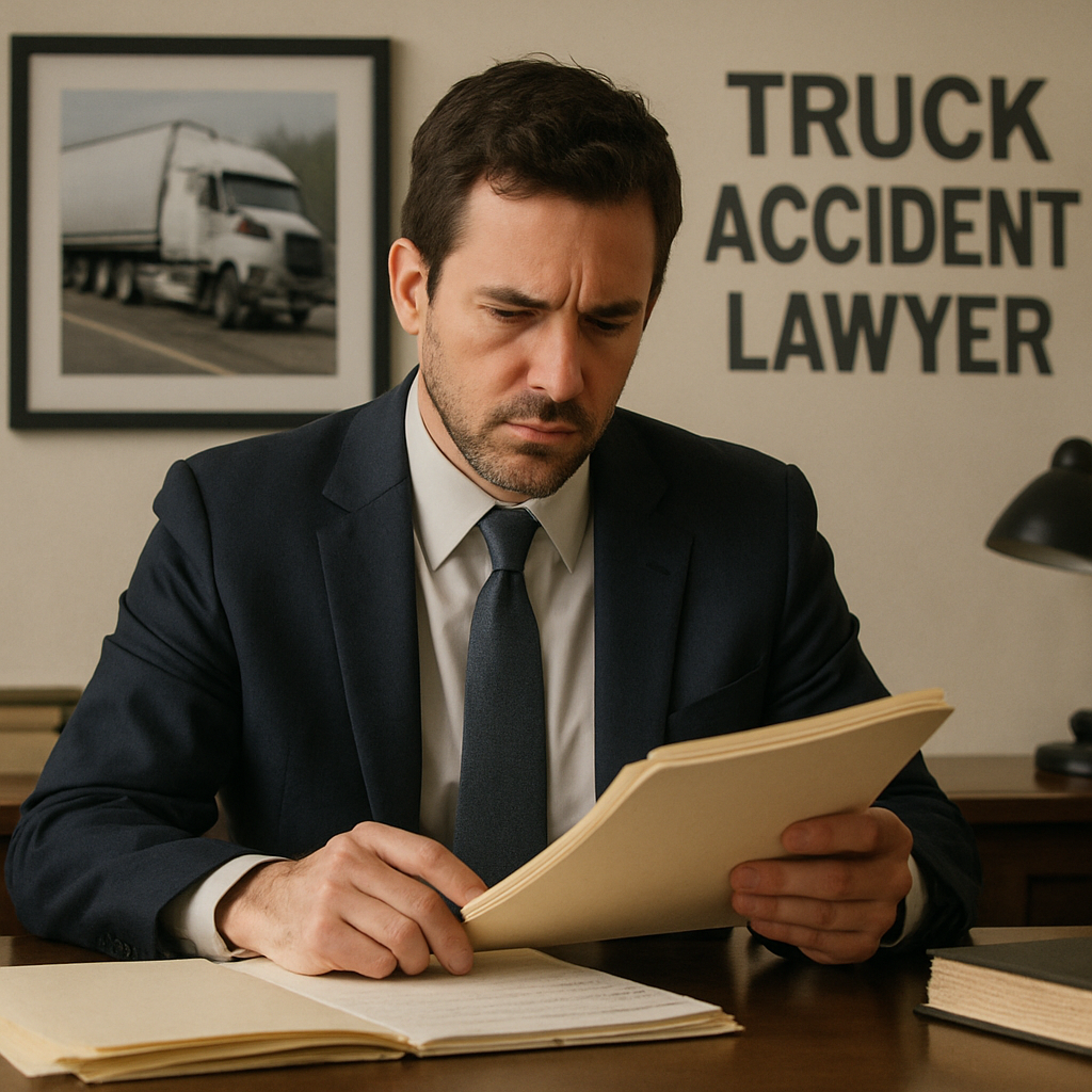 Truck accident lawyer analyzing case files