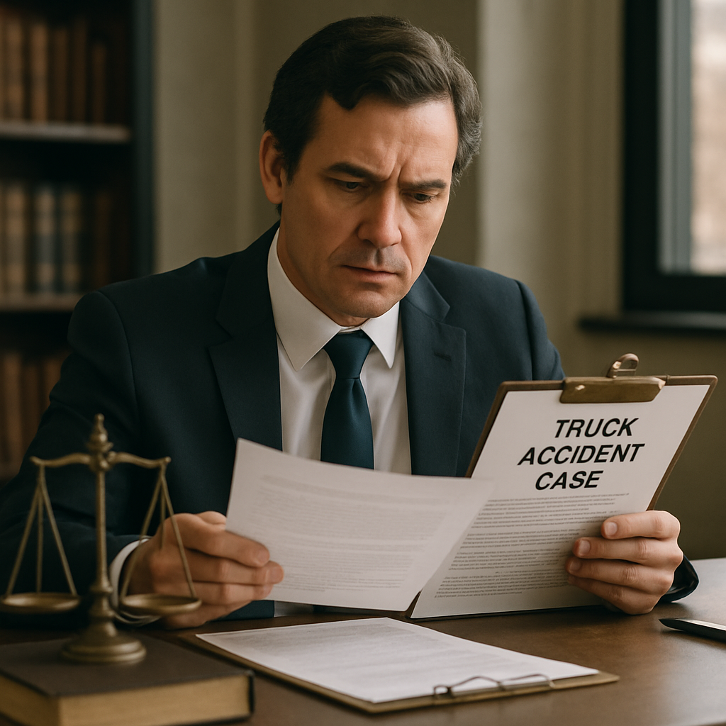 Lawyer reviewing truck accident case documents