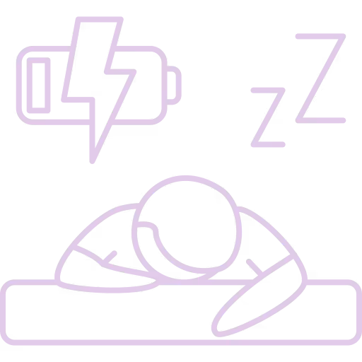 Outline of a person resting their head on a table with a low battery icon and sleep Zs indicating tiredness or weariness.