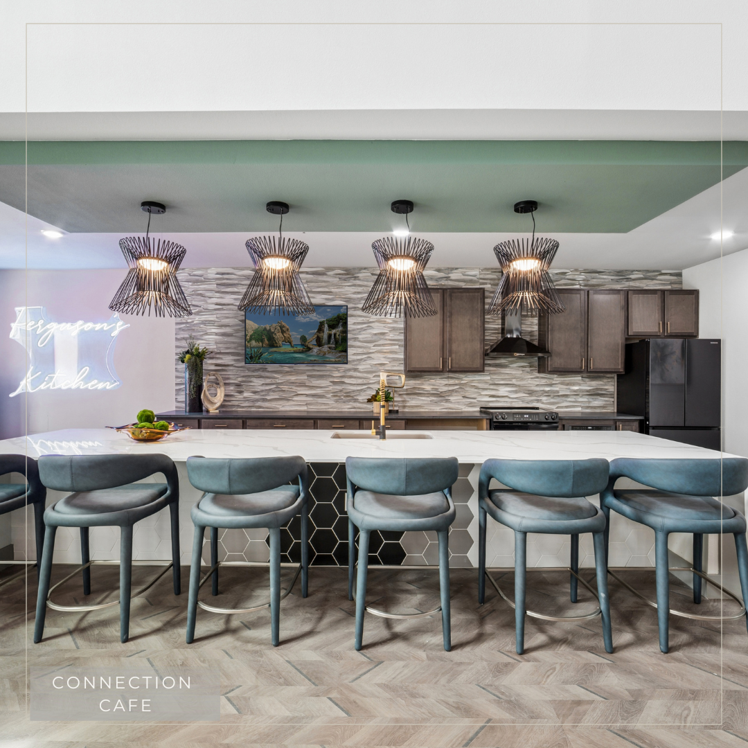 Community lounge kitchen with bar seating 