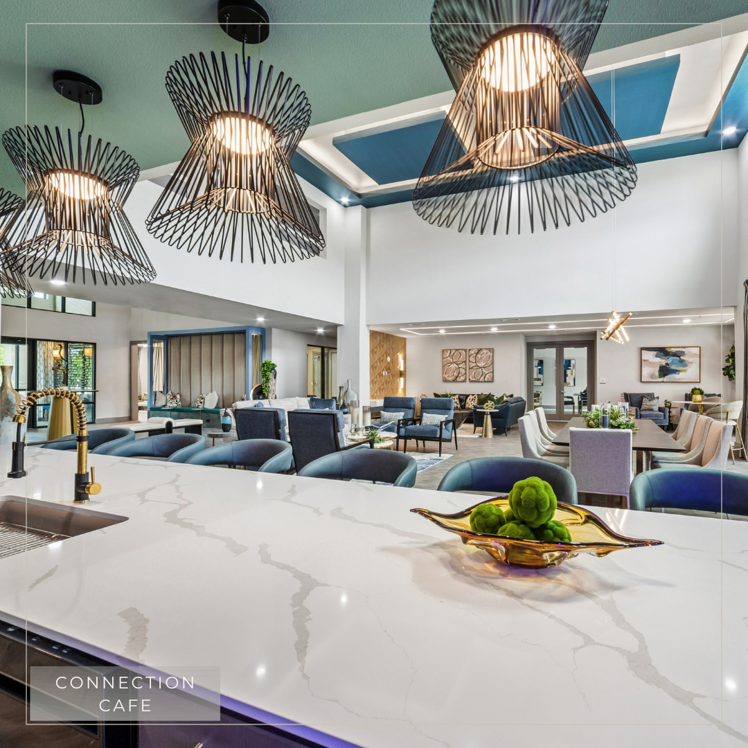 Community lounge with seating and kitchen
