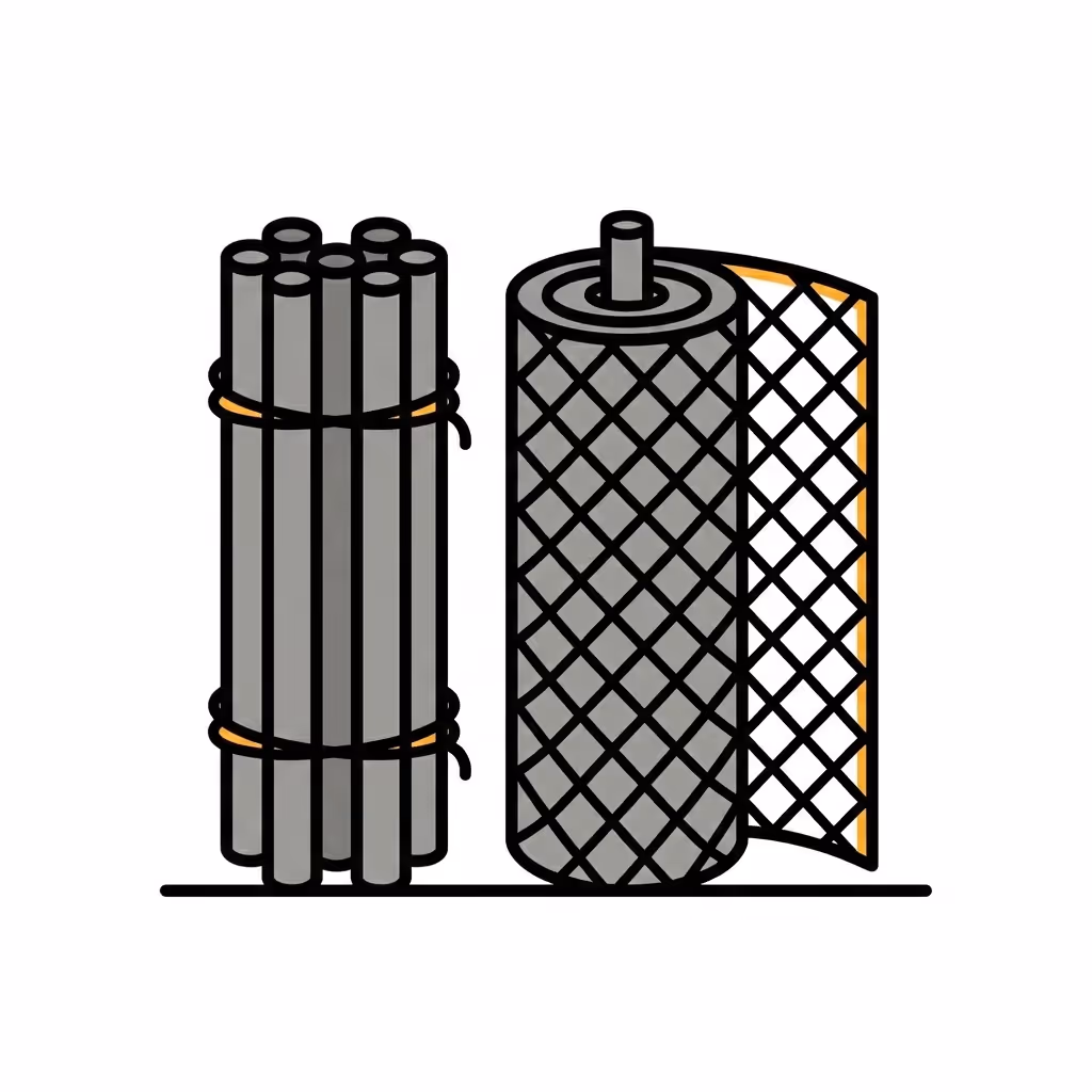To ruller med metallstenger og netting som representerer gjerder og gjerdemateriell.