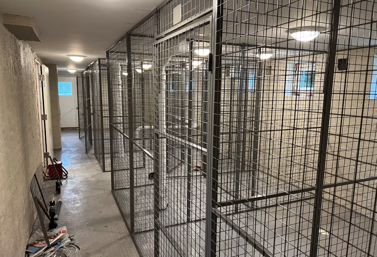 Gang med metallgitterbur langs veggen i en kjeller med lysarmaturer i taket.
