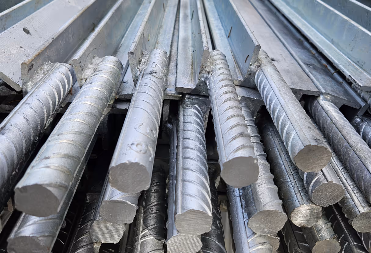 Stålarmeringsstenger og I-formede metallbjelker stablet sammen på et lager.