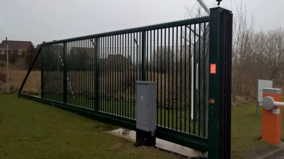 Grønn metallsluseport på gressområde med brunsprengte busker og hus i bakgrunnen.