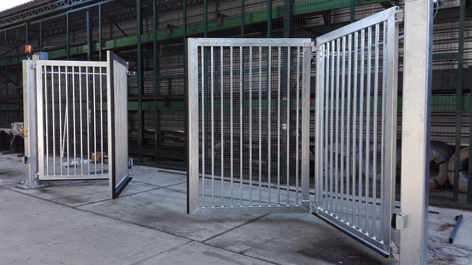 Metallporter med vertikale stolper åpnet i et industrielt område med betonggulv.
