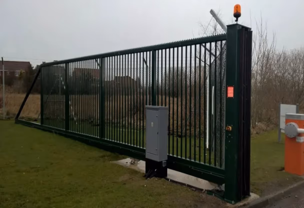 Grønn metallsluseport med sikkerhetslås på gress ved inngang til tomt med busker i bakgrunnen.