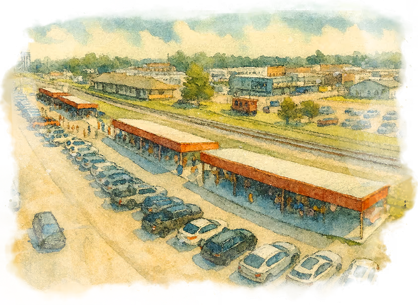 "Aerial view of Winnsboro TX farmers market with vendors and visitors"