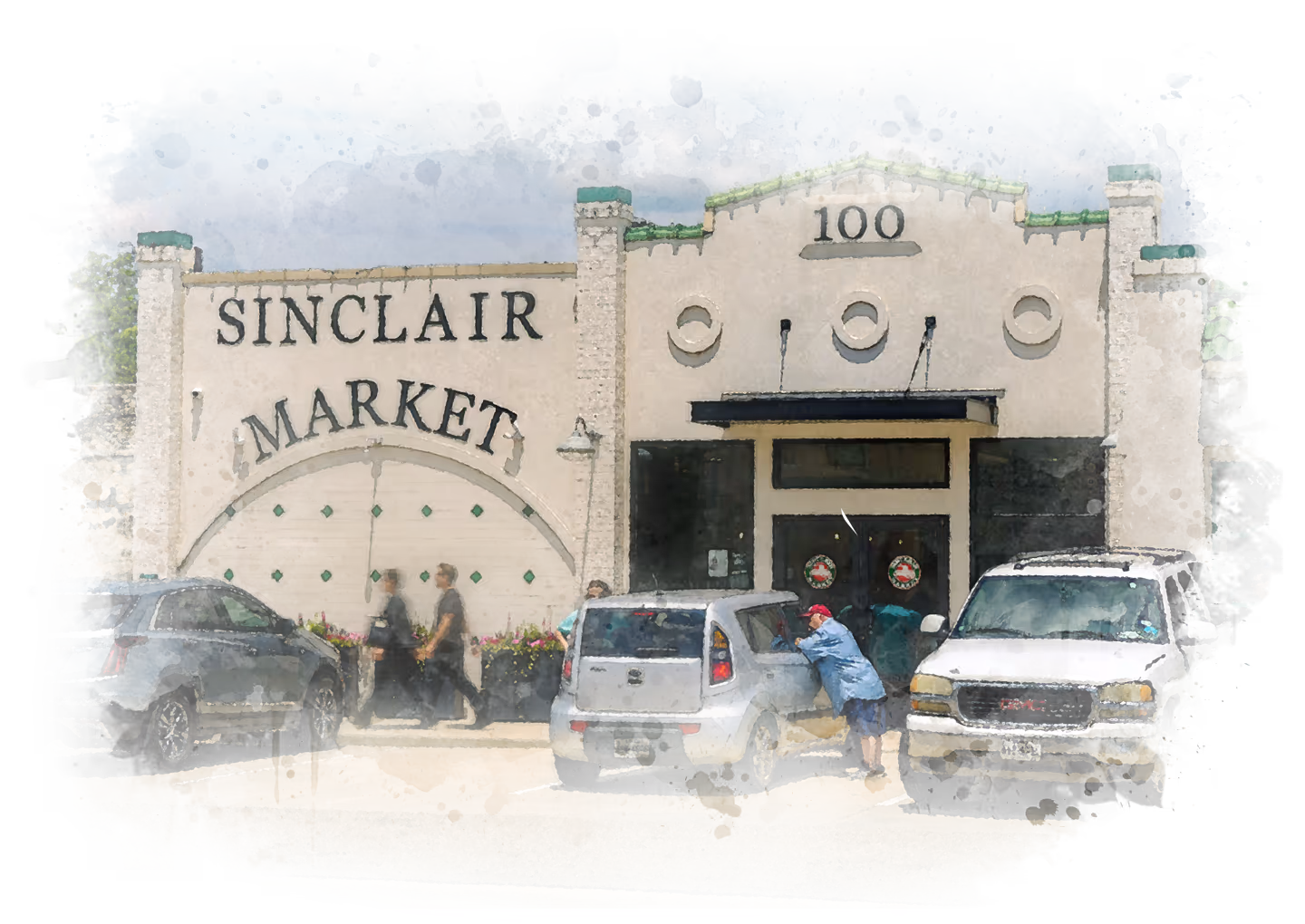 A watercolor depiction of the historic Sinclair Market in downtown Winnsboro, Texas. This local landmark blends vintage charm with small-town energy, celebrating the heart of the community and its welcoming Main Street atmosphere.