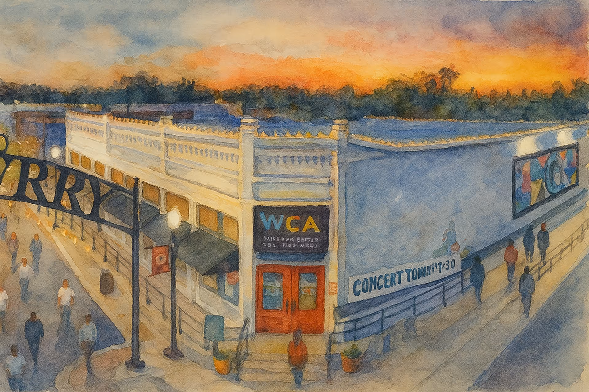 The Winnsboro Center for the Arts comes alive at sunset, as visitors stroll downtown under glowing lights. A hub for live music, theater, and creativity, it reflects Winnsboro’s thriving arts scene and small-town charm.