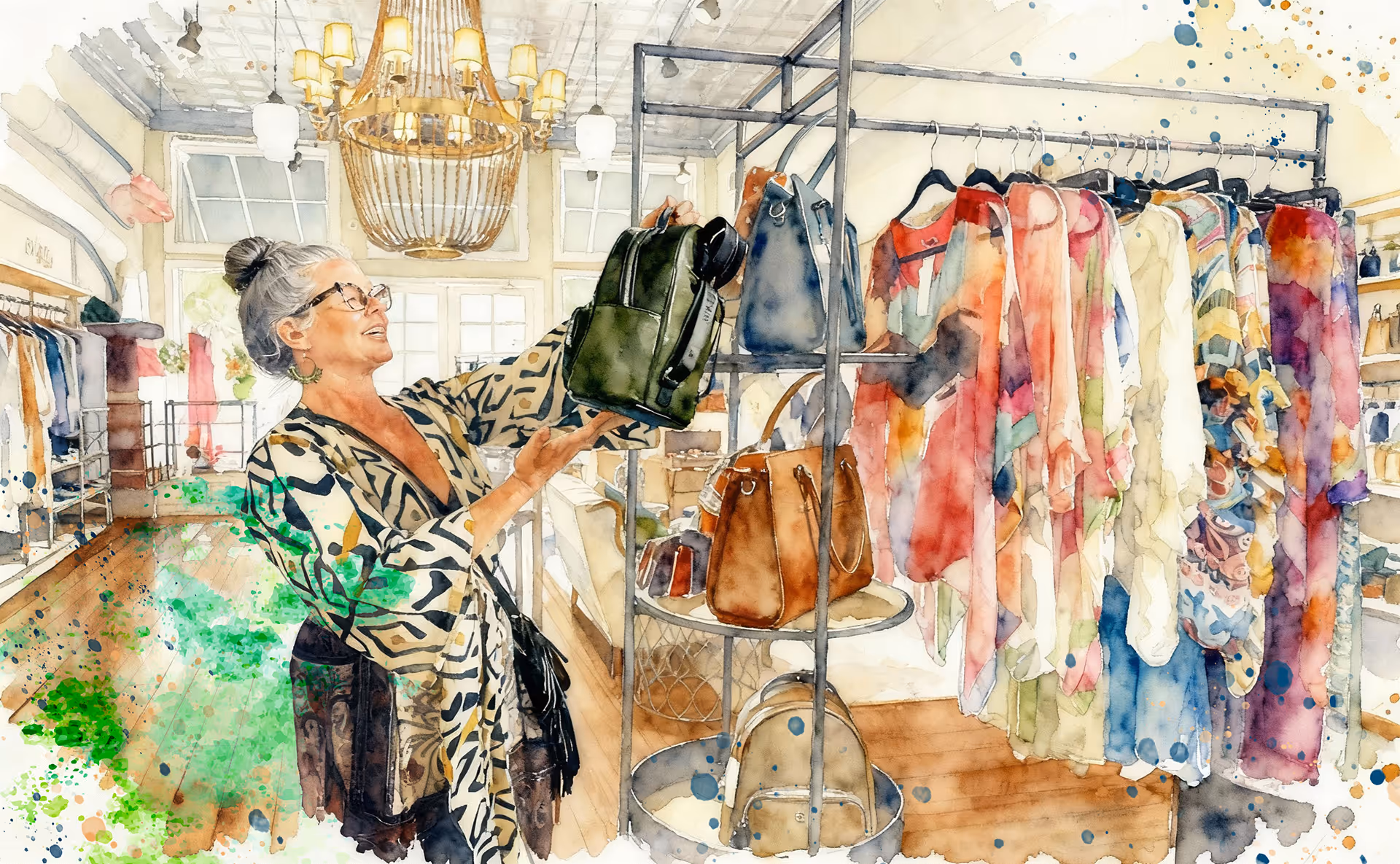 Watercolor painting of a woman shopping in a stylish Winnsboro, Texas boutique filled with handbags and colorful clothing, capturing the charm of local retail.