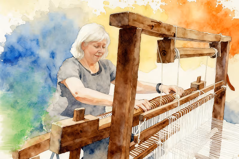 Discover Winnsboro, TX’s artistic spirit through this watercolor of a woman weaving by hand—a tribute to local artisans and creative classes at the heart of the community.